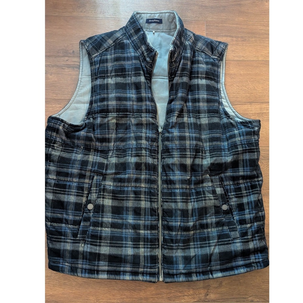 Tommy Bahama Reversible Puffer Vest Mens Blue Grey Plaid Corduroy Quilted Zip XL